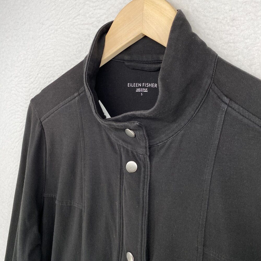 EILEEN FISHER Jacket S Organic Cotton Stretch Jersey Snap Full Zip Up Black USA - Picture 5 of 14